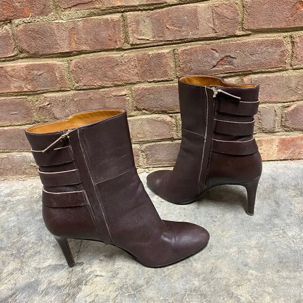 Nine West Brown Leather Buckle Heeled Bootie Size 8.5